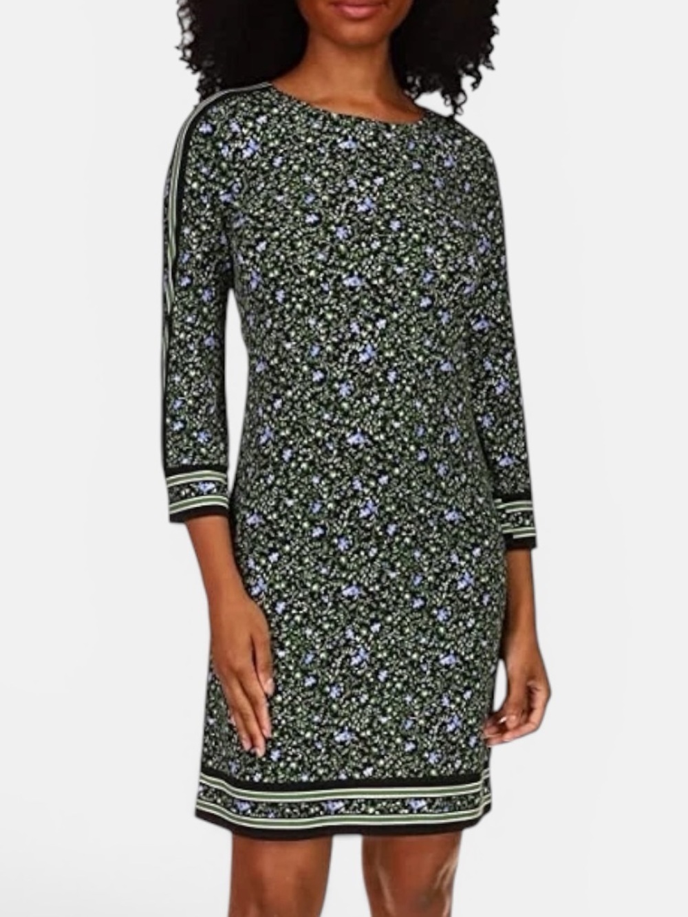 MICHAEL Michael Kors Green Floral Striped Border-Trim Shift Dress Women’s Size M